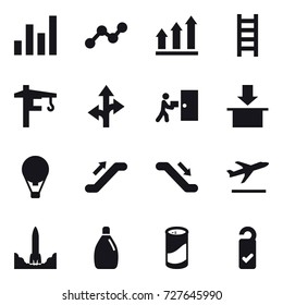 16 vector icon set : graph, graph up, stairs, tower crane, air ballon, escalator, departure, cleanser, cleanser powder, please clean