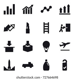 16 vector icon set : graph, diagram, graph up, up down arrow, lipstick, stairs, air ballon, departure, pickup, cleanser, please clean