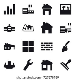 16 vector icon set : graph, store, home, tools, project, mall, house with garage, window, brick wall, construction, building helmet, wrench, house, scraper