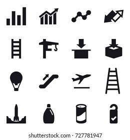 16 vector icon set : graph, diagram, up down arrow, stairs, tower crane, air ballon, escalator, departure, cleanser, cleanser powder, please clean