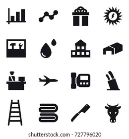 16 vector icon set : graph, gift, sun power, tools, cottage, warehouse, plane, intercome, stands for knives, stairs, towel, chef knife, cow