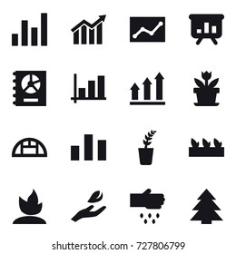 16 vector icon set : graph, diagram, statistic, presentation, annual report, graph up, flower, greenhouse, seedling, sprouting, hand leaf, sow, spruce