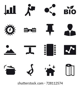 16 vector icon set : graph, courier, molecule, bio, sun power, school, landscape, table, steam pan, goose, house cleaning, paper towel