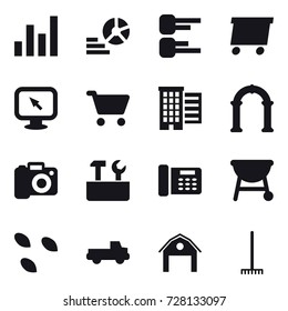 16 vector icon set : graph, diagram, delivery, monitor arrow, cart, houses, arch, camera, repair tools, seeds, pickup, barn, rake