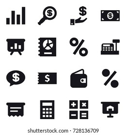 16 vector icon set : graph, dollar magnifier, investment, money, presentation, annual report, percent, cashbox, money message, receipt, wallet, atm receipt, calculator