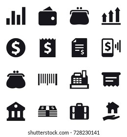 16 vector icon set : graph, wallet, purse, graph up, dollar coin, receipt, account balance, mobile pay, barcode, cashbox, atm receipt, library, suitcase, housing