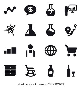16 vector icon set : graph, money message, round flask, presentation, bang, globe, cart, chest of drawers, rocking chair, wine
