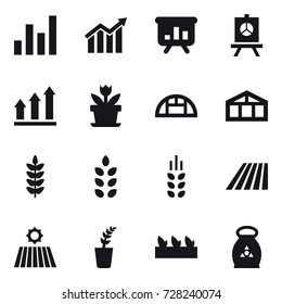 16 vector icon set : graph, diagram, presentation, graph up, flower, greenhouse, spikelets, field, seedling, fertilizer