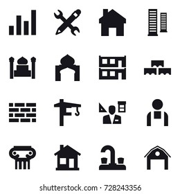 16 vector icon set : graph, pencil wrench, home, skyscrapers, minaret, modular house, block wall, brick wall, tower crane, architector, antique column, water tap, barn