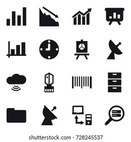 16 vector icon set : graph, crisis, diagram, presentation, clock, satellite antenna, cloud wireless, crystall  memory, barcode
