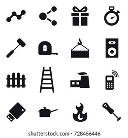 16 vector icon set : graph, molecule, gift, stopwatch, measuring tape, speaker, fence, stairs, saute pan