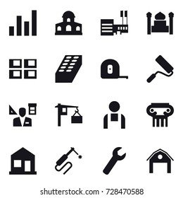 16 vector icon set : graph, mansion, mall, minaret, panel house, brick, measuring tape, repair, architector, antique column, home, wrench, barn