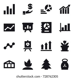16 vector icon set : graph, investment, diagram, statistic, presentation, annual report, graph up, flower, greenhouse, sprouting, spruce, fertilizer