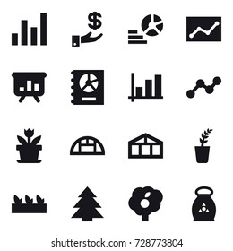 16 vector icon set : graph, investment, diagram, statistic, presentation, annual report, flower, greenhouse, seedling, spruce, garden, fertilizer