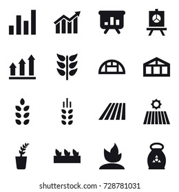 16 vector icon set : graph, diagram, presentation, graph up, greenhouse, spikelets, field, seedling, sprouting, fertilizer