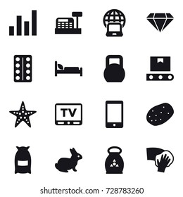 16 vector icon set : graph, cashbox, notebook globe, diamond, starfish, tv, flour, rabbit, fertilizer, wiping