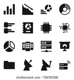 16 vector icon set : graph, crisis, diagram, circle diagram, annual report, chip, server, presentation, satellite antenna
