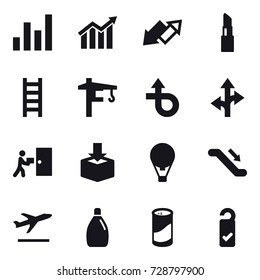 16 vector icon set : graph, diagram, up down arrow, lipstick, stairs, tower crane, air ballon, escalator, departure, cleanser, cleanser powder, please clean