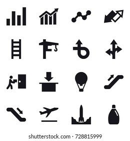 16 vector icon set : graph, diagram, up down arrow, stairs, tower crane, air ballon, escalator, departure, cleanser