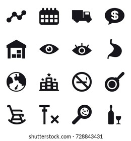 16 vector icon set : graph, calendar, truck, money message, warehouse, earth, hotel, no smoking, pan, rocking chair, viruses, wine