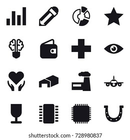 16 vector icon set : graph, pencil, circle diagram, star, bulb brain, wallet, warehouse, factory, horseshoe