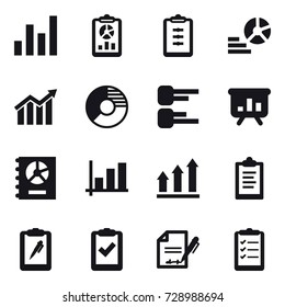 16 vector icon set : graph, report, clipboard, diagram, circle diagram, presentation, annual report, graph up, clipboard list
