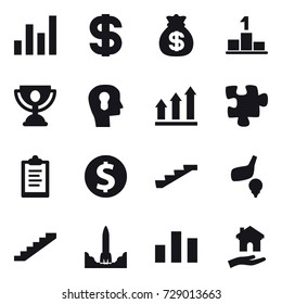 16 vector icon set : graph, dollar, money bag, pedestal, trophy, bulb head, graph up, puzzle, clipboard, dollar coin, stairs, golf, housing