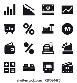 16 vector icon set : graph, crisis, money, statistic, presentation, percent, cashbox, crypto currency, wallet, calculator, atm, credit card