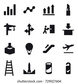 16 vector icon set : graph, graph up, lipstick, tower crane, air ballon, escalator, departure, stairs, cleanser powder, please clean