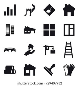 16 vector icon set : graph, greate wall, under construction, home, skyscrapers, house with garage, window, bridge, real estate, stairs, house, scraper, gloves
