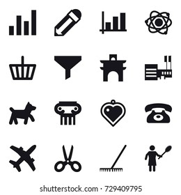 16 vector icon set : graph, pencil, atom, basket, funnel, arch, mall, dog, antique column, heart pendant, phone, scissors, rake, woman with pipidaster