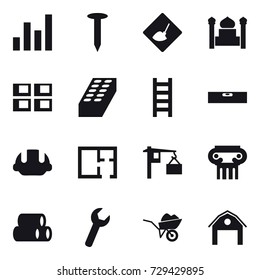16 vector icon set : graph, nail, under construction, minaret, panel house, brick, stairs, level, building helmet, plan, antique column, wheelbarrow, barn