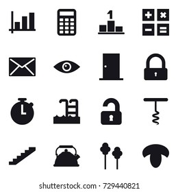 16 vector icon set : graph, calculator, pedestal, mail, door, lock, pool, unlocked, corkscrew, stairs, kettle, trees, mushroom
