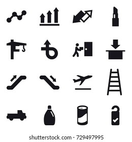 16 vector icon set : graph, graph up, up down arrow, lipstick, tower crane, escalator, departure, stairs, pickup, cleanser, cleanser powder, please clean