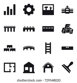 16 vector icon set : graph, gear, tools, bridge, bunker, modern architecture, block wall, stairs, level, plan, home, barn, scraper