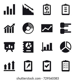 16 vector icon set : graph, crisis, report, clipboard, diagram, circle diagram, statistic, presentation, annual report, graph up, clipboard list