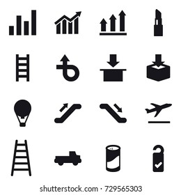 16 vector icon set : graph, diagram, graph up, lipstick, stairs, air ballon, escalator, departure, pickup, cleanser powder, please clean