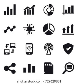 16 vector icon set : graph, diagram, circle diagram, chip, graph up, notebook connect, phone wireless, antenna