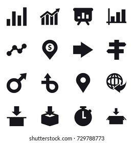 16 vector icon set : graph, diagram, presentation, dollar pin, right arrow, singlepost, package