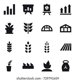 16 vector icon set : graph, presentation, graph up, flower, greenhouse, spikelets, field, seedling, sprouting, fertilizer