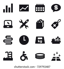 16 vector icon set : graph, statistic, calendar, money message, notebook, pencil wrench, shopping bag, baggage checking, pool, invalid, inflatable pool, clean floor