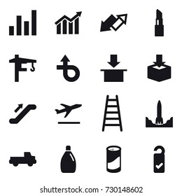 16 vector icon set : graph, diagram, up down arrow, lipstick, tower crane, escalator, departure, stairs, pickup, cleanser, cleanser powder, please clean