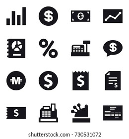 16 vector icon set : graph, dollar, money, statistic, annual report, percent, cashbox, money message, crypto currency, dollar coin, receipt, account balance