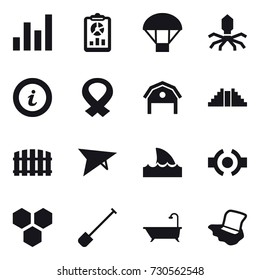 16 vector icon set : graph, report, parachute, virus, info, barn, pyramid, fence, deltaplane, shark flipper, honeycombs, shovel, bath, floor washing