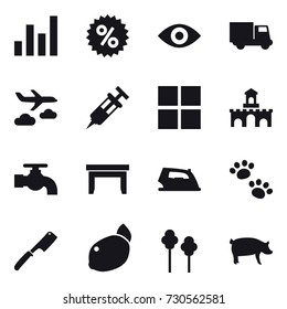 16 vector icon set : graph, percent, eye, truck, journey, window, fort, water tap, table, iron, pets, chef knife, trees, pig