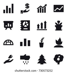 16 vector icon set : graph, investment, diagram, statistic, presentation, annual report, graph up, flower, greenhouse, seedling, sprouting, hand leaf, sow, spruce, garden