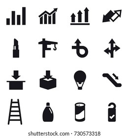 16 vector icon set : graph, diagram, graph up, up down arrow, lipstick, tower crane, air ballon, escalator, stairs, cleanser, cleanser powder, please clean