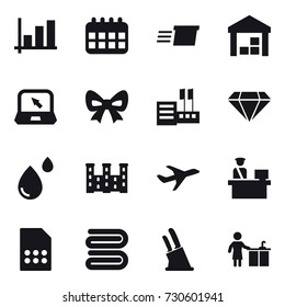 16 vector icon set : graph, calendar, delivery, warehouse, notebook, bow, store, diamond, palace, towel, knife holder, kitchen cleaning