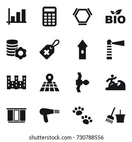16 vector icon set : graph, calculator, hex molecule, bio, virtual mining, tower, lighthouse, palace, surfer, wardrobe, hair dryer, pets, bucket and broom