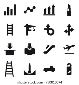 16 vector icon set : graph, graph up, lipstick, stairs, tower crane, escalator, departure, pickup, please clean